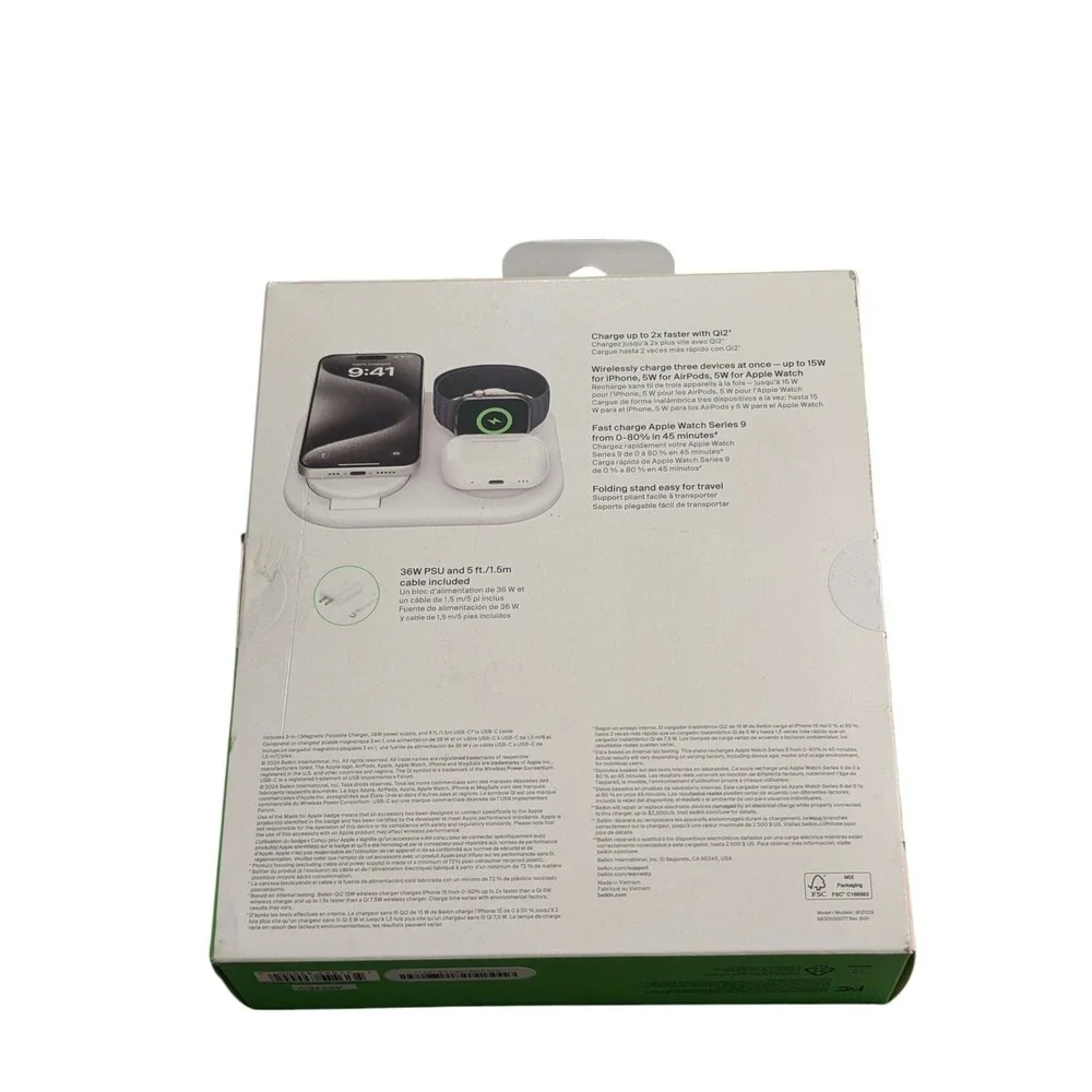 BbO Belkin‎ - 3-in-1 15W, Foldable Magnetic Qi2 Charging Station In White